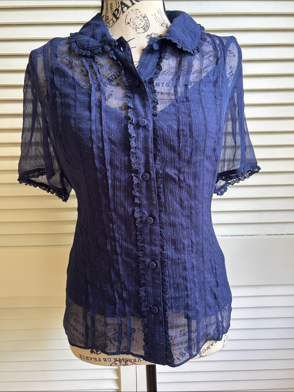 J.Crew Navy Sheer Dot Crinkle
Chiffon Lace Trim Pintuck
Button Up Shirt 10 NWOT